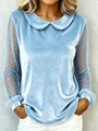 Hellblaue Samtbluse mit Bubikragen und gepunkteten Ärmeln aus Mesh - S / Oberteile / Himmelblau