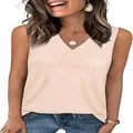 Close-up detail of women's light beige V-neck loose sleeveless casual summer tank top - Apricot