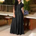 Elegant black denim shirt maxi dress with button-down front and casual short sleeves - S / Dresses / Black