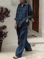 Ensemble chemise lin bleu marine manches longues et pantalon large coupe décontractée - Bleu foncé