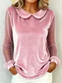 Elegante rosa Samtbluse mit Peter-Pan-Kragen und gepunkteten Mesh-Ärmeln für Damen - S / Oberteile / Rosa