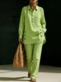 Elegant women's light green casual long-sleeve shirt and trousers two-piece set - Green