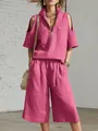Elegante conjunto de verano de dos piezas con top rosa con hombros caídos y shorts anchos - S / Top Y Pantalón / Rosa rojo