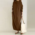 Detail view of oversized brown fleece-lined zip-up hooded sweatshirt dress for women - S / Robe / Brown