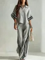 Detail view of a grey casual women's two-piece set featuring a shirt and striped pants - S / Top And Bottom / Gray