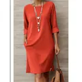 Robe élégante de couleur unie avec col rond, poches latérales et manches 3/4 pour femmes - Rouge Orangé