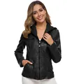 Macro detail of a women's chic black hooded faux leather jacket with high quality zipper - XS / Tops / Black