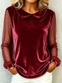 Elegante bordeauxrote Samtbluse mit feinem Bubikragen und gepunkteten Mesh-Ärmeln - S / Oberteile / Burgunderrot