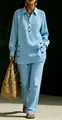 Detail view of women's light blue long sleeve shirt and casual trousers set with buttons - S / Top And Bottom / Light Blue