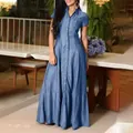 Casual blue denim maxi dress featuring a shirt collar and elegant button-down front design - S / Dresses / Light Blue