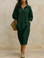 Elegant dark green long sleeve knitted maxi dress with a polo collar and side pockets - Army Green