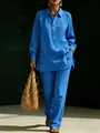 Elegant two-piece casual set with a vibrant blue long-sleeved shirt and matching pants. - Blue