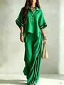Stylish green linen-style two-piece set featuring wide-leg pants with black stripes - Green