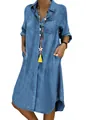 Full length view of casual blue denim shirt dress with long sleeves and chest pocket - S / Dresses / Light Blue