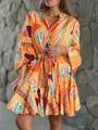 Abito a balze arancione con stampe geometriche e maniche a campana - Taglia S / Vestiti / Giallo