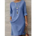 Robe bleue élégante à col rond avec demi-manches et poches latérales femme - S / Robes / Bleu