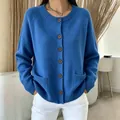 Women's blue round neck knitted cardigan with pockets for autumn - Blue