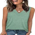 Close-up detail of women's casual loose V-neck sleeveless tank top in sage green - Light Green