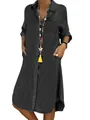 Elegant charcoal grey plus size denim shirt dress with long sleeves and pockets - S / Dresses / Black and Gray