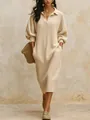Detail of beige V-neck ribbed knit maxi dress with pockets and buttons - Off White / S