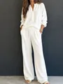Full length shot of a white waffle knit long sleeve top and matching wide leg pants set - S / Top And Bottom / White