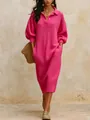 Vibrant pink V-neck knitted maxi dress featuring a polo collar and front button details. - Rose Red