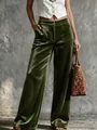 Detailed view of green velvet wide-leg trousers featuring high waist and front pockets. - S / Bottoms / Army Green