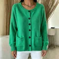 Stylish vibrant green women's knitted cardigan featuring round neck and black buttons - Green