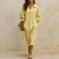 Elegant yellow long sleeve ribbed knit maxi dress with V-neck and functional pockets - S / Dresses / Light Yellow