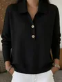 Loose black polo neck knit sweater with decorative buttons for women - Black