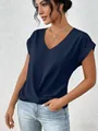Front view of elegant navy blue V-neck blouse featuring stylish twisted hem detail - Navy Blue