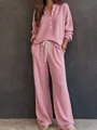 Detailed macro view of pink waffle knit texture on comfortable two-piece lounge set - S / Top And Bottom / Pink