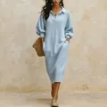 Light blue knitted V-neck maxi dress with long sleeves and side pockets for casual wear - S / Dresses / Light Blue