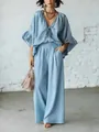 Lässiges hellblaues Leinen-Set mit V-Ausschnitt-Oberteil und weiter Hose für Damen - S / Oberteil Und Unterteil / Himmelblau