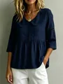 Vintage marineblaue Baumwoll-Leinen-Bluse mit Peter-Pan-Kragen und Lochspitzen-Detail - Marineblau