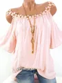 Elegant light pink off-shoulder top with floral lace trim and loose short sleeves - M / Tops / Pink