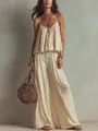 Boho-Set in Creme mit fließender weiter Hose und einem plissierten Camisole-Oberteil - S / Oberteil und Unterteil / Khaki