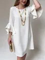 Elegant white dress featuring stylish ruffle flared sleeves for a sophisticated feminine look. - S / Dresses / White