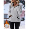 Weicher hellgrauer Plüsch-Fleece-Hoodie mit halbem Reißverschluss und Tasche für Damen - Hellgrau