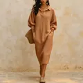 Elegant camel-colored ribbed knit maxi dress featuring a V-neck and functional side pockets. - Dark Brown / S