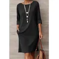 Robe noire élégante à col rond avec demi-manches et poches latérales pour femme - Noir