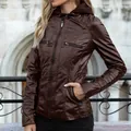 Women's brown hooded faux leather jacket with zipper details for autumn fashion. - XS / Tops / Coffee