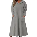 Cozy grey fluffy fleece hooded long-sleeved loungewear dress featuring front pockets - S / Dresses / Gray