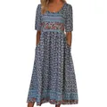 Front view of summer floral print mid-length dress with short sleeves and pockets. - 3XL / Dresses / Blue Floral