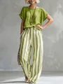 Vista detallada del conjunto de top de lino verde y pantalones de rayas para mujer - 3XL / Top Y Pantalón / Verde amarillento