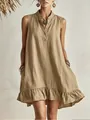 Elegant sleeveless khaki mandarin collar dress with ruffled hem and A-line silhouette - Camel