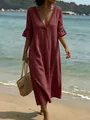 Detalle del vestido largo malva de vacaciones con escote en V, encaje y mangas campana - S / Vestidos / Burdeos