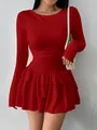 Robe courte moulante rouge à manches longues et volants étagés - XS / Rouge