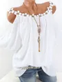 Detailed close-up view showing the elegant white floral lace trim on a cold-shoulder blouse - M / Tops / White