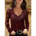 Elegant burgundy slim-fit V-neck top featuring intricate lace sleeves and silver rhinestone detailing - S / Tops / Burgundy